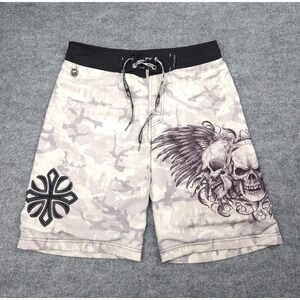 VTG Affliction Board Short Men Sz 32 Gray Skulls Cross Angel Wings Camo Y2K